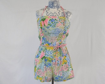 Vintage 60s Playsuit ... Swimsuit .... Bathing Suit .... Colorful Floral Print Cotton ... Pinup  Style Romper