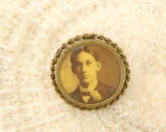 Antique Photo Pin Back Button ... Ancestor Pin ... Jewelry Photography Brooch ... Sepia Photo of Young Man ... Round Twisted Brass Trim