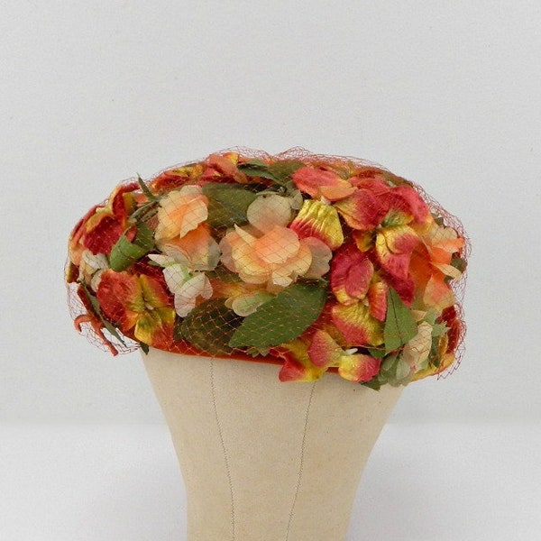 Vintage Flowered Pillbox Hat  |  Vintage Mid-Century Orange, Red, Yellow, Peaches & Cream Flowers w/ Green Leaves  | 1940s/50s Hat by Dowa