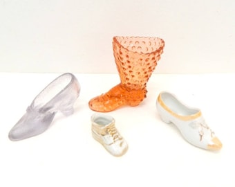 1940s - 1970s Glass Shoe LOT ... LOT of 4 Porcelain & Glass Decorative Shoes ... Fenton Japan ... Collectible Shoes. . .Miniature Shoes