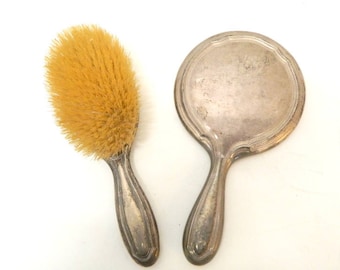 Early 1900s Sterling Silver Brush & Mirror Set...Set of 2...Vanity Dresser Mirror Brush...Marked...Round Handled