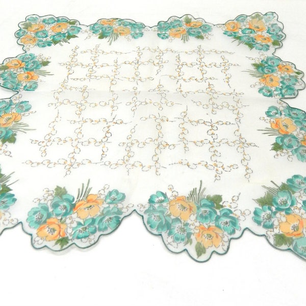 Vintage 1940s Handkerchief...Sheer Blue Orange Flower Hankie...Unique Criss Cross Squares...Scalloped Dainty Country Flower Accessory...Mod