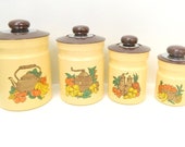 1970s Kitchen Canisters Set of 4 Metal w Plastic Coating Teapot Fruit Design Lidded Kitchen Storage