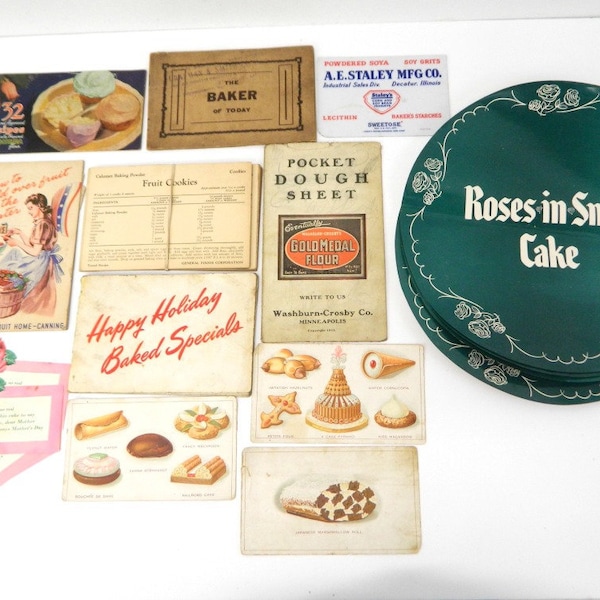1930er - 1950er Jahre LOT von Industriellen Backhefte & Werbung... Rosen in SchneeKuchen... Mütter Tageskarte... Kriegszeit Canning... Goldmedaille Mehl