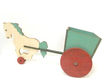 Folk Art Horse with Cart Toy ..  Children's Handmade Pull Toy ...Chippy paint