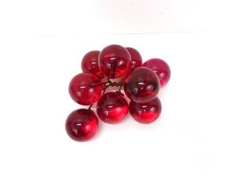 Vintage Retro 1960s Acrylic Lucite Grape Cluster | Red Grape / Berry Cluster on Wire | Grape Branch | Decorative Bar Ware