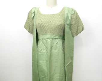 1950s Dress...Green Bridesmaids Dress & Topper...Empire Waist Maxi Dress..Puckered Taffeta..Open Front Topper Coat..Sleeveless Evening Dress