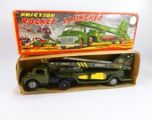 Linemar Toy Rocket Launcher Vintage Tin Litho Army Truck Friction Powered Original Box, J-2124