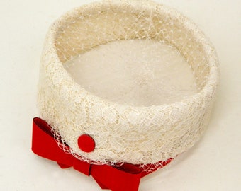 Vintage Pillbox Hat ... White Lace Pillbox Hat with Red Bow ... 1950s Ladies Hat