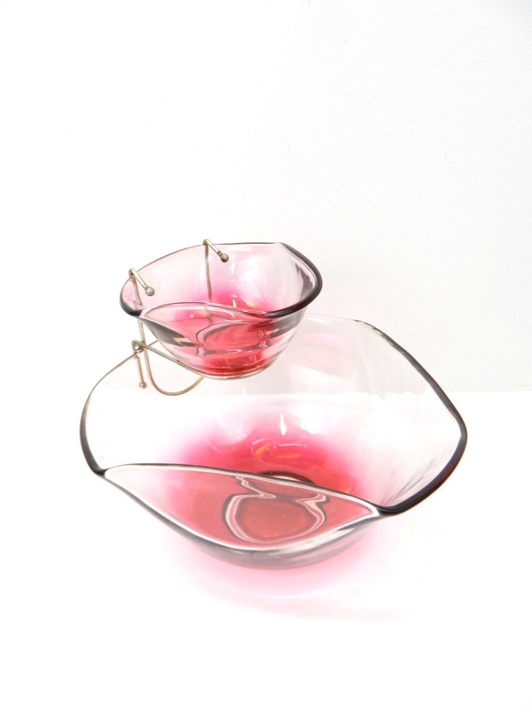 Vintage 1960s Chip & Dip Bowl Set Pink Ombre Glass Chip Dip Serving