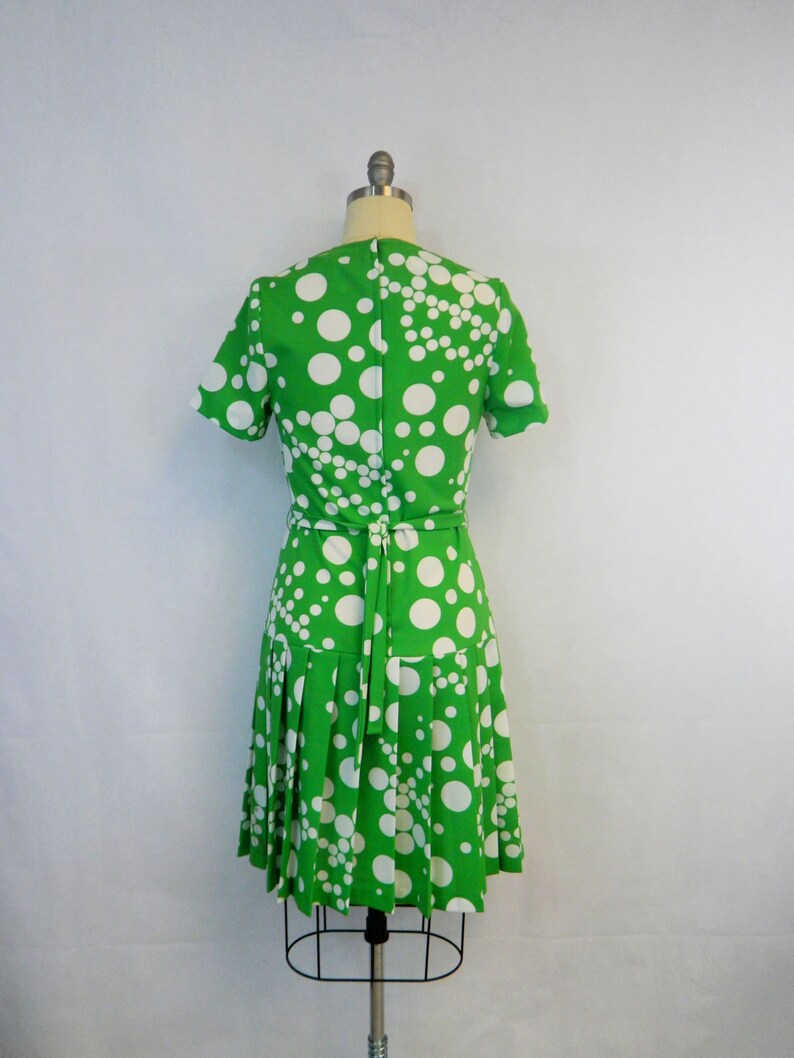 Vintage Scooter Dress 1960s Lime Green Polka Dot Mod Retro Day Dress Dropped Waist, Pleated Skirt image 4