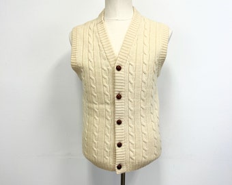 Vintage Cable Knit Sweater Vest | 1960s Ecru Wool Button Front Vest | size Medium