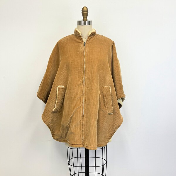 Vintage 1970s Sherpa Lined Cape or  Poncho | Camel Corduroy | Zip Front with Pockets | Size Small to Medium