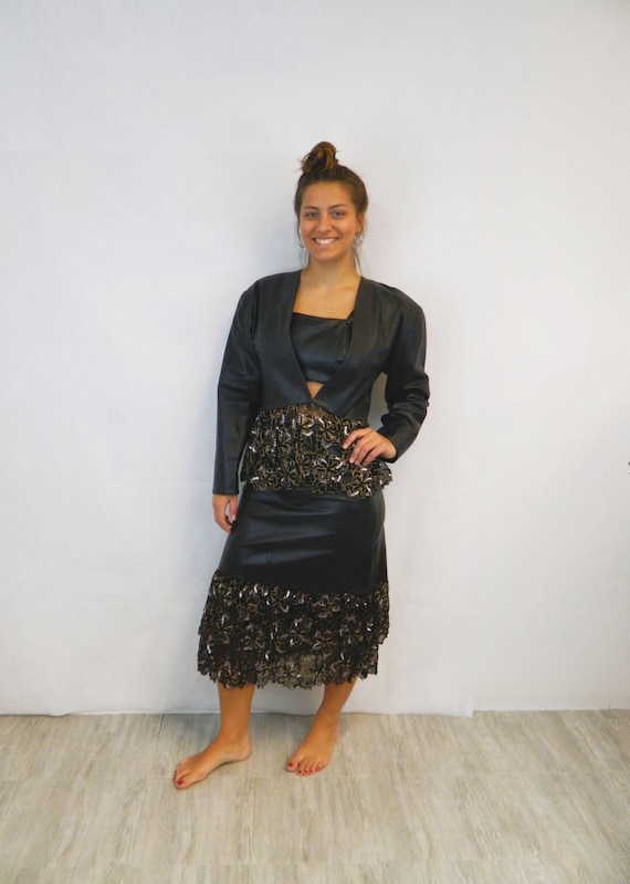 Vintage Leather 3 piece Set 1980s Black Leather Skirt Jacket Cropped Top Size Medium to Large Etsy UK