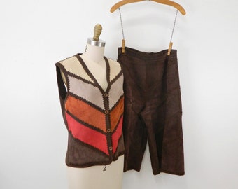 Vintage Suede Gaucho Pants & Vest ... Chocolate Brown Wide Leg Capri, Red, Orange, Brown, Beige Vest w/ Knit Back ... Ms. Today, 1960s/1970s