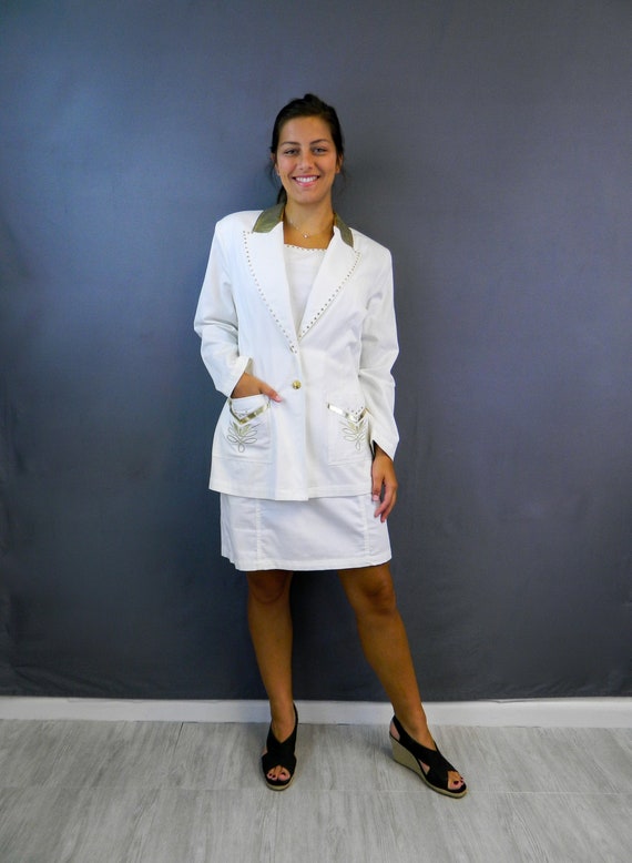 White Denim Dress & Blazer, Gold Leather Trim, L … - image 1