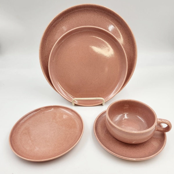 Vintage 1960's Russell Wright Steubenville Pottery Coral Pink 5 Piece Place Setting