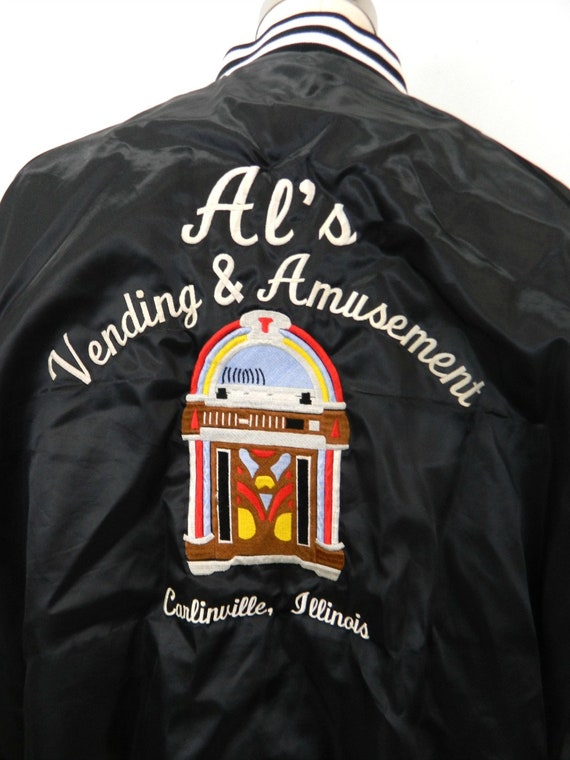 1970s Men's Satin Bomber Jacket...Black Jukebox Vendi… Gem