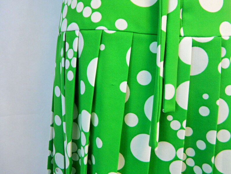Vintage Scooter Dress 1960s Lime Green Polka Dot Mod Retro Day Dress Dropped Waist, Pleated Skirt image 6