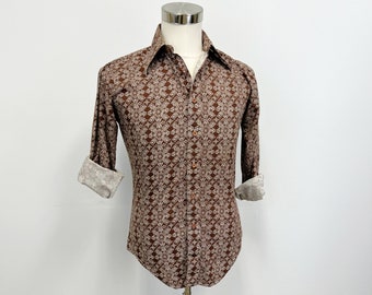 Vintage Mens Button Down Shirt | Slim Fit Bandana Print in Brown and White | Size Small to Medium