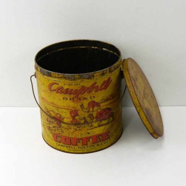 Vintage 1920s/1930s Campbell Brand Coffee Pail ... Tin Pail with Lid & Handle ... Rustic, Primitive Metal Decor