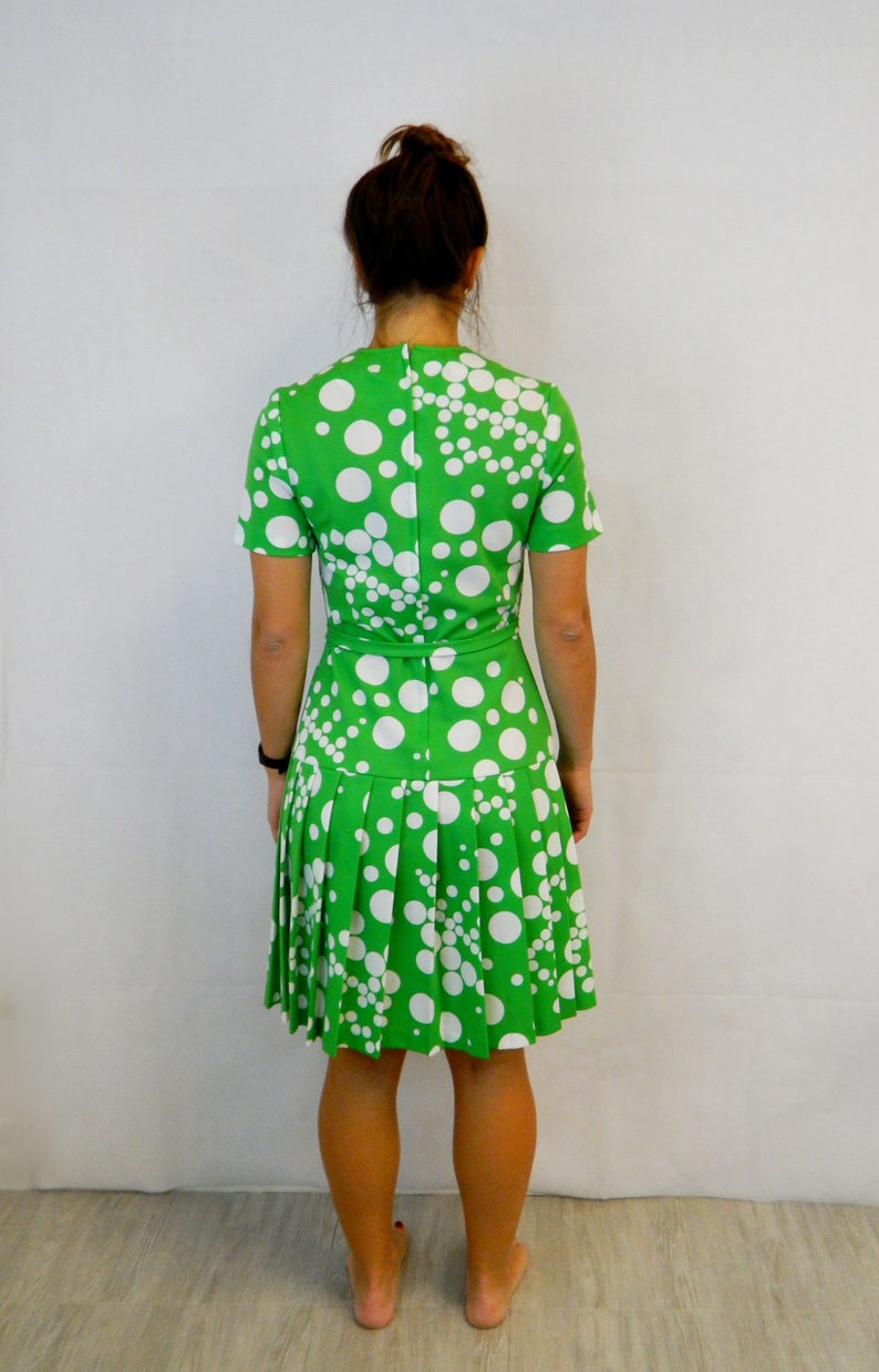 Vintage Scooter Dress 1960s Lime Green Polka Dot Mod Retro Day Dress Dropped Waist, Pleated Skirt image 3