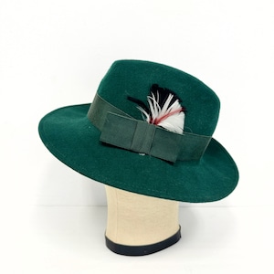 Vintage 1950s Green Fedora | Wool Felt Hat with Feathers and Hat Band with Box Bow