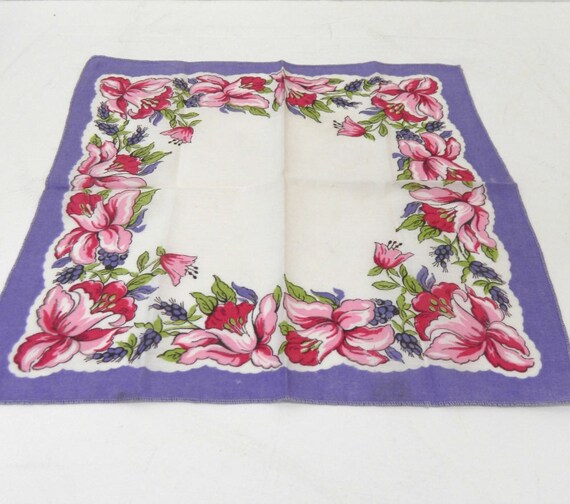 Vintage 1940s Handkerchief ... Pink & Purple Flow… - image 3