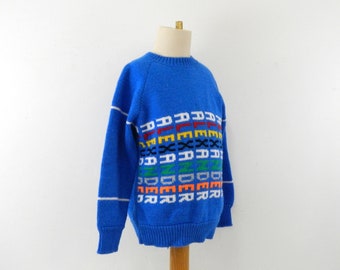 Vintage 80s Child's Knit Sweater ... Handmade, Personalized ... Blue with "Alexander" in Multicolored Knit Down Front