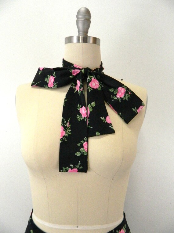 1970s Maxi Skirt & Scarf...Black with Pink Roses.… - image 3