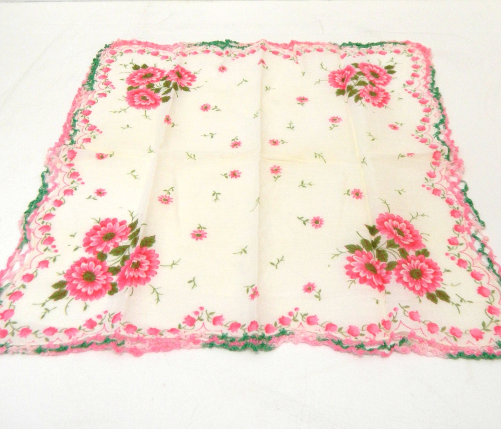 Vintage 1940s Handkerchief...pink Green Flower Hankie...pink - Etsy