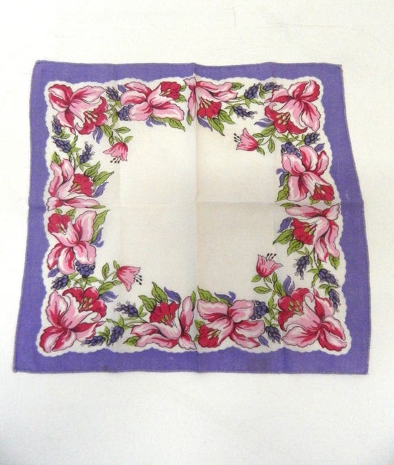 Vintage 1940s Handkerchief ... Pink & Purple Flow… - image 1