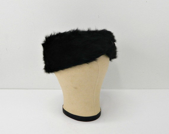 Black Faux Fur Pillbox Hat  Vintage 