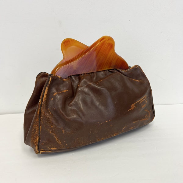 Vintage 1940s Clutch Purse with Large Plastic Clasp | Brown Leather Purse