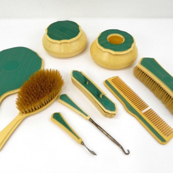 Vintage 9-Piece Py-Ra-Lin Dresser Set ... Ivory and Green Celluloid Vanity Set ... 1920s Du Barry Azurtone ... Hair Receiver, Powder Box