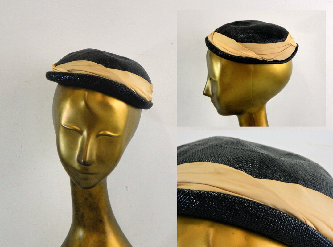 Vintage Black Saucer Hat, Tilt Hat 1940s Black Straw Derby Hat, Ivory