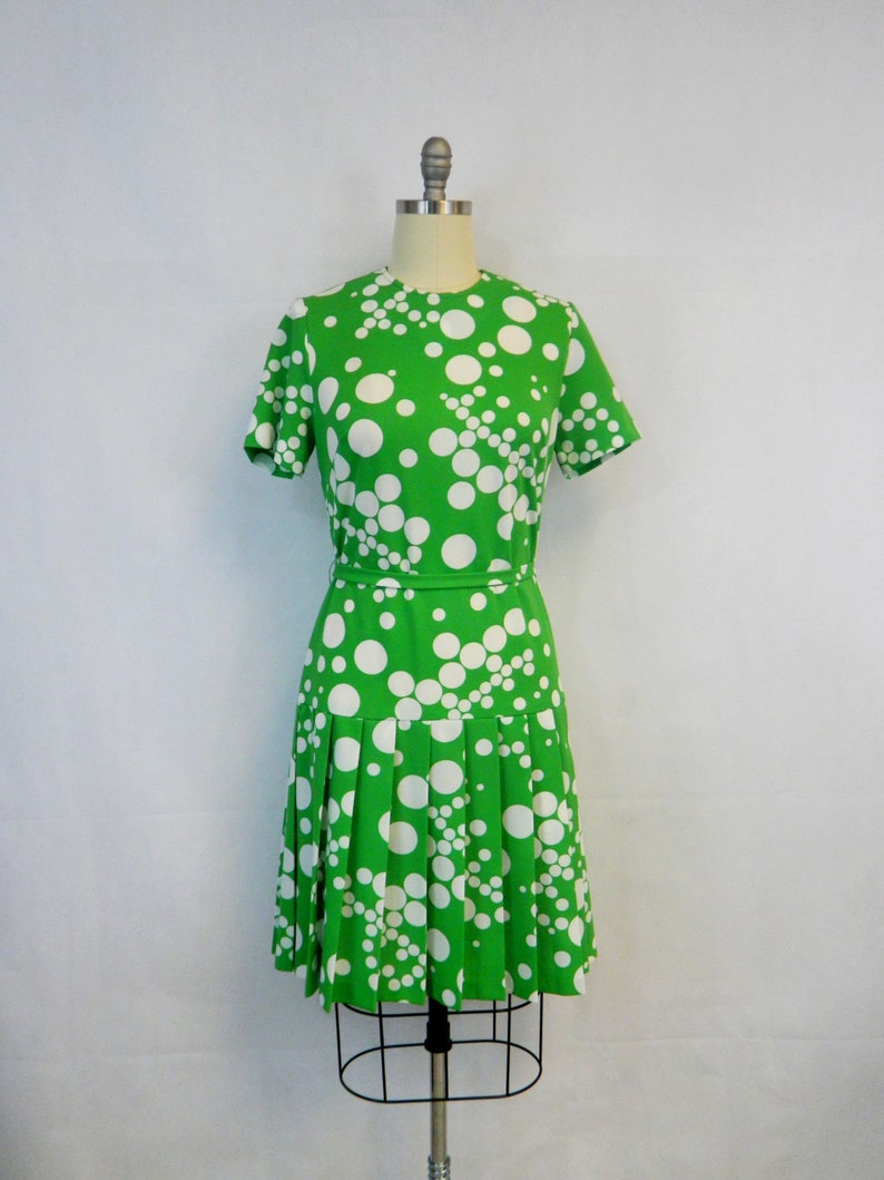 Vintage Scooter Dress 1960s Lime Green Polka Dot Mod Retro Day Dress Dropped Waist, Pleated Skirt image 2