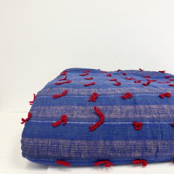 Vintage Single Sheet Blanket | 1940s Hand Tied Primitive Throw | Indigo Blue Stripe with Red