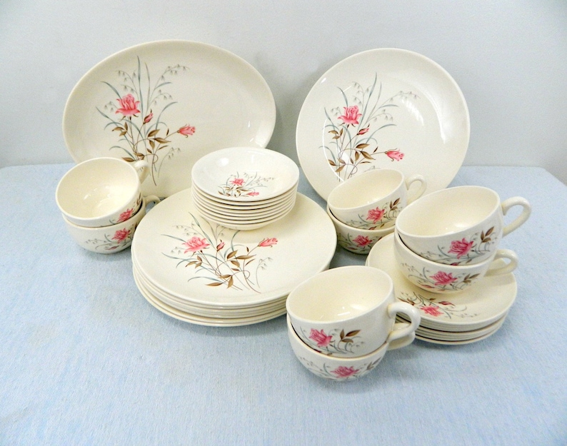 American Made Pottery Ecru with Pink Tea Roses Vintage Tea Rose China .. Grey 33-Piece Set Service for 8 .. Brown Leaves .. Teal