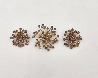 Vintage 1960's - 70's Mid Century Pin and Earrings Set with Brown Topaz Like Rhinestones