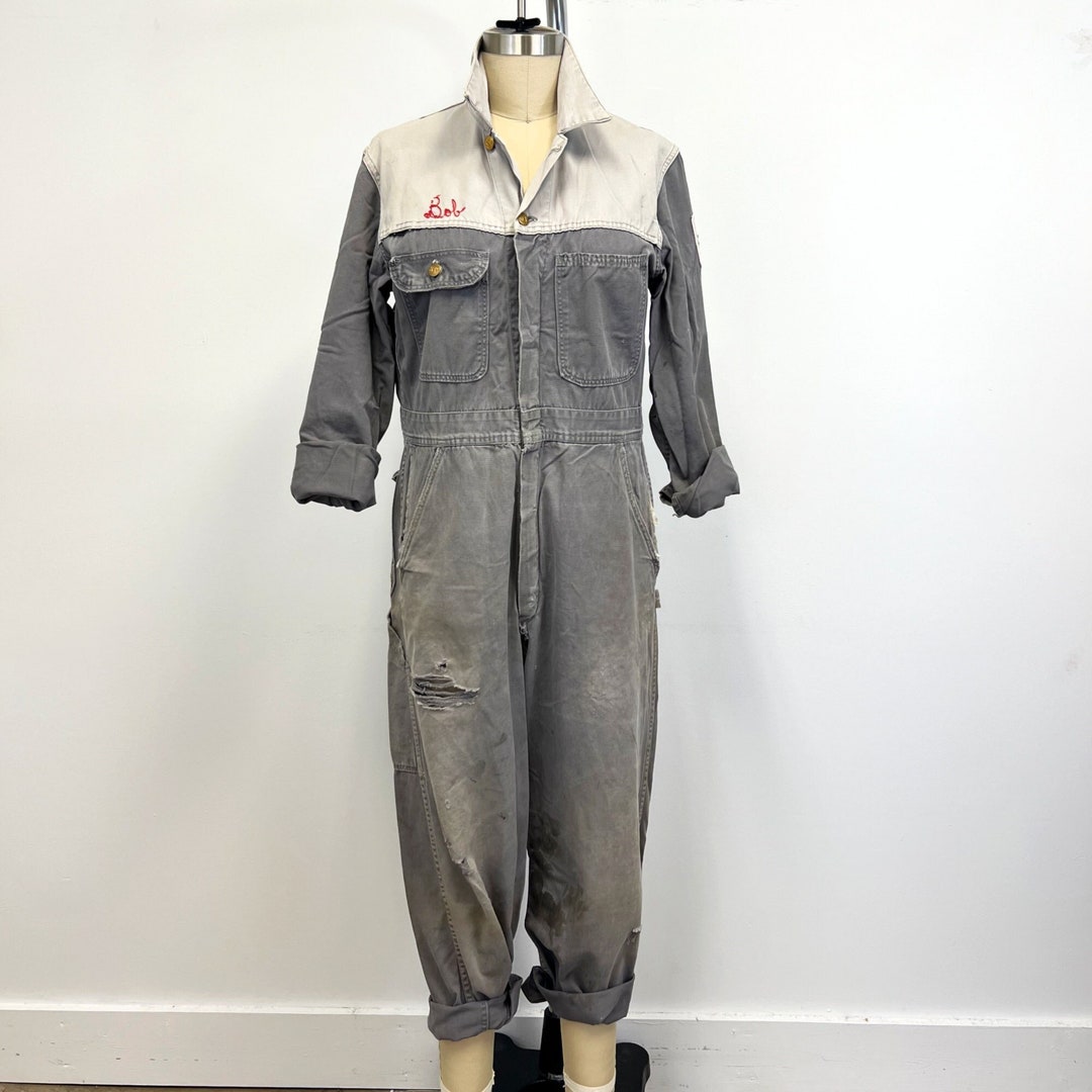 Vintage 1950s Coveralls Mechanics Boiler Suit Two Tone Gray Lots of