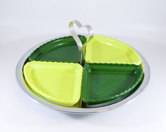 Vintage  MCM Lazy Susan Relish Tray |  Mid-Century Hazel Atlas Chartreuse & Forest Green Serving Dish  | Condiment Tray  | Nut Bowl