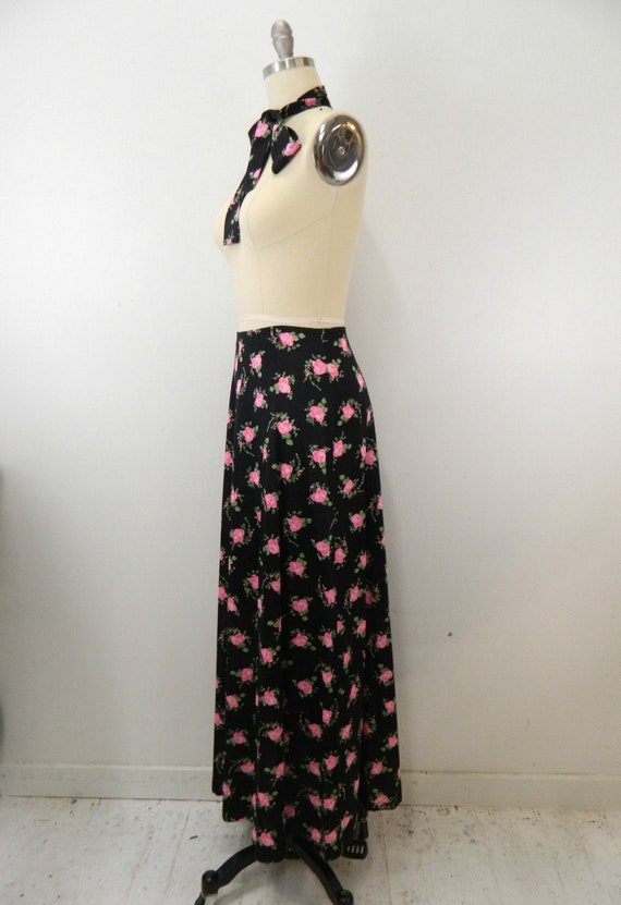 1970s Maxi Skirt & Scarf...Black with Pink Roses.… - image 6