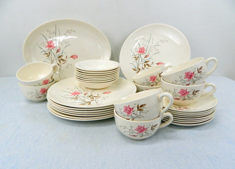 American Made Pottery Ecru with Pink Tea Roses Vintage Tea Rose China .. Grey 33-Piece Set Service for 8 .. Brown Leaves .. Teal