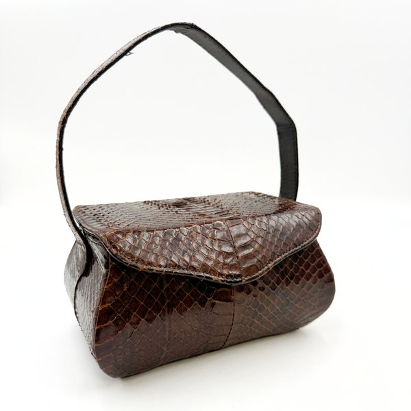 Vintage 1940s Snake Skin Box Purse | Top Handle Snap Top