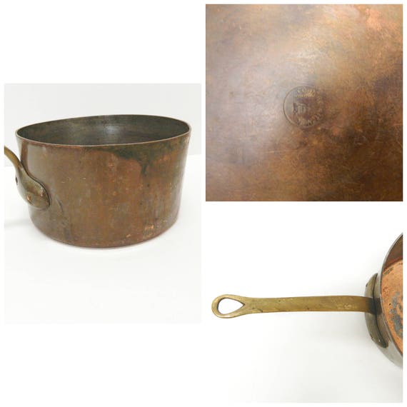 Antique Early 1900s Copper Sauce Pan Country Kitchen Large Round Handled Pot  Urban Farmhouse Decor 