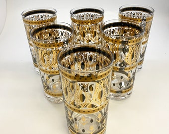 Vintage  Fred Press 1950s - 60s 12 ounce Cocktail Black and Gold Bar Glasses | Set of 6