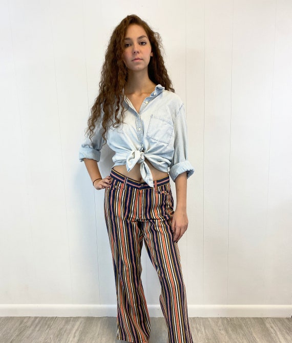 1970s Vintage Striped Jeans Navy Blue 