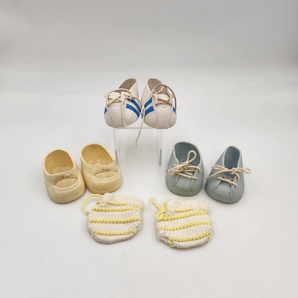 Vintage 1960's Doll Shoes - Baby Blue - Ivory - Tennis Shoes and 1 Pair of Knitted Booties