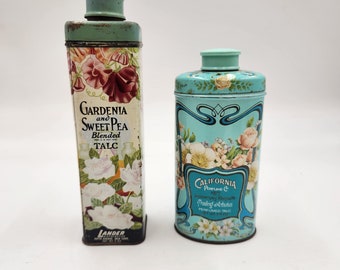 Vintage 1970's Pair of Talcum Powder Tins - Gardenia and Sweet Tea - California Perfume Company
